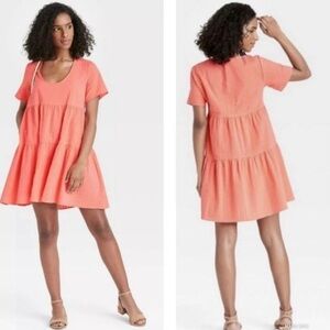 A New Day Textured Babydoll Tiered Dress XL Coral Pink‎ Orange Universal Thread